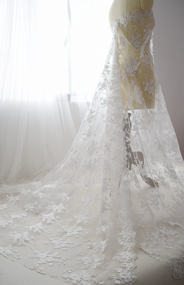 White floral embroidery lace fabric for bridal dress and evening gown design