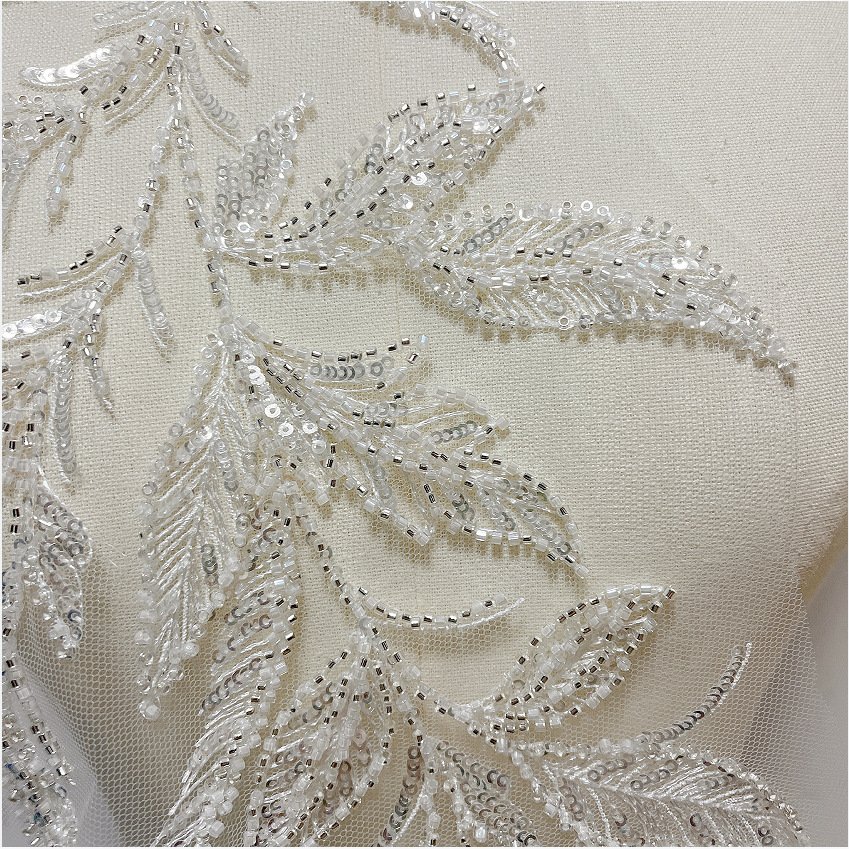 Elegant white lace embroidery applique with beadwork for stage costumes and formal evening wear