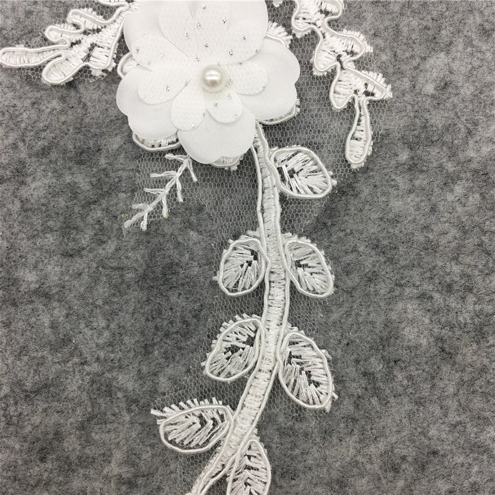 White floral leaf lace appliqué embroidered patch for gowns, evening wear, and handmade costumes