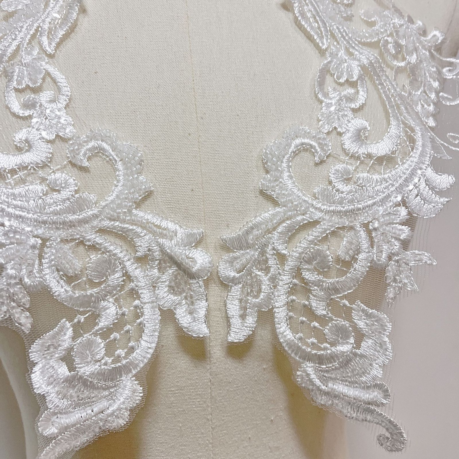 Pair of white lace embroidery applique patches for bridal gowns and fashion design