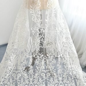White sequin embroidered lace fabric panel for wedding dresses and handmade crafts
