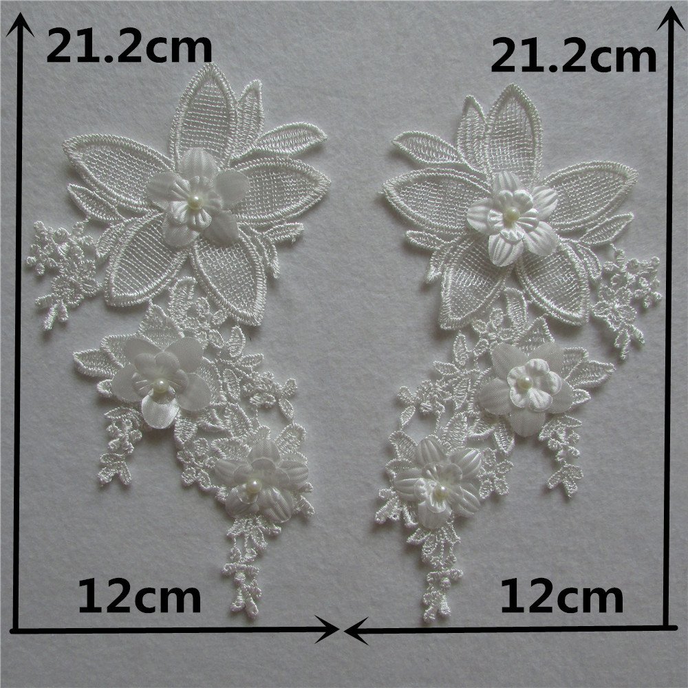 White water-soluble flower embroidery appliqué with pearls for bridal dresses and veils