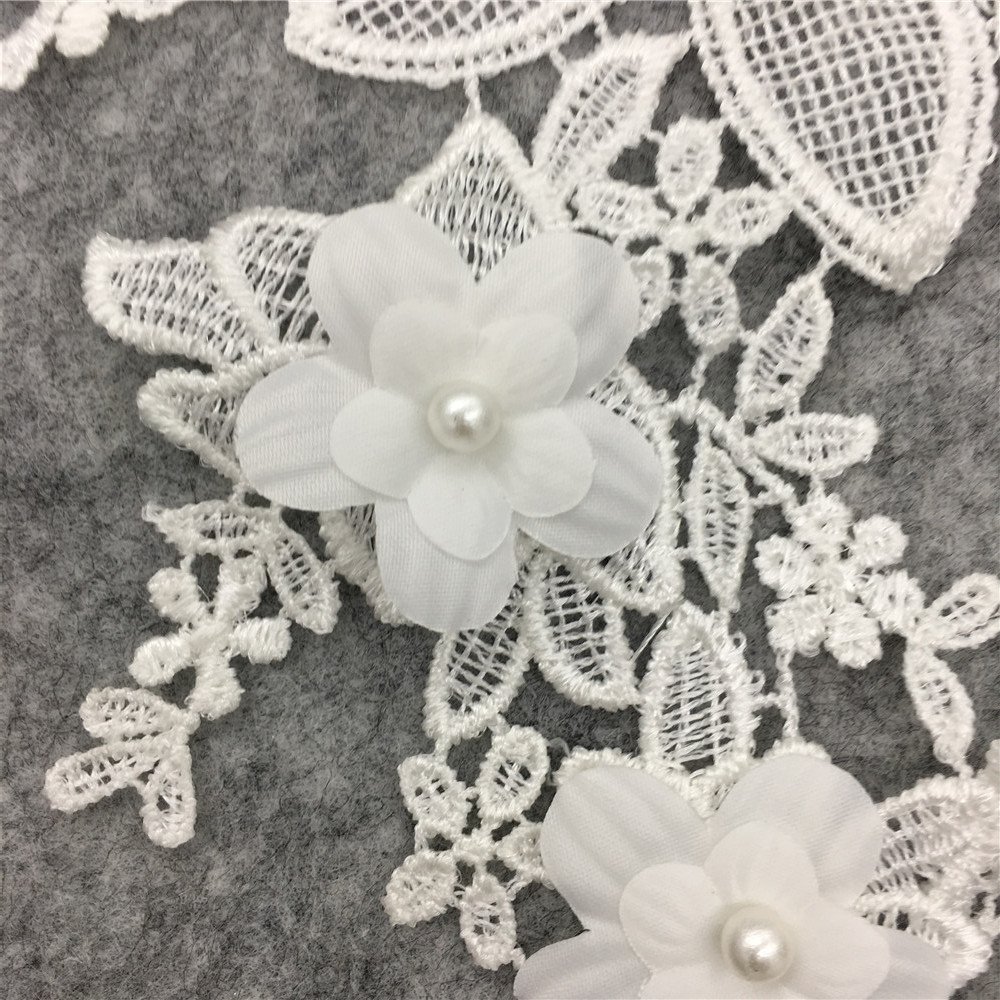 White water-soluble flower embroidery appliqué with pearls for bridal dresses and veils