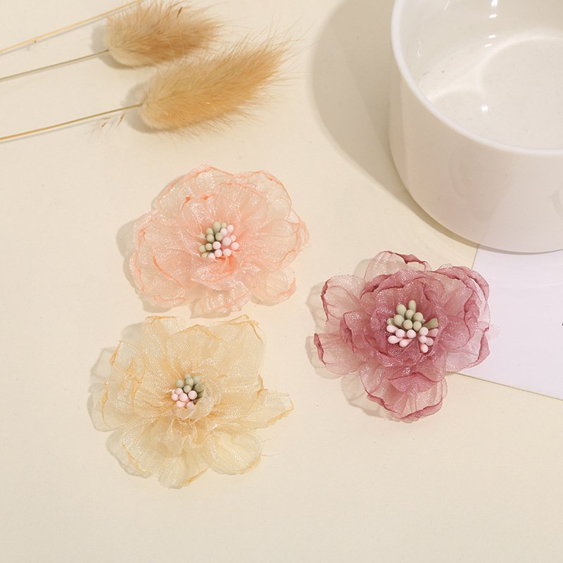 Yellow and Pink Organza Burnt Edge 5cm Flowers with Pearls for DIY Sewing Crafts