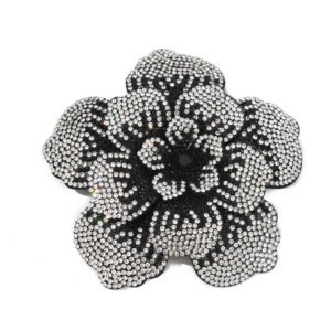 Black and white rhinestone flower appliqué with dense beadwork for fashion garments