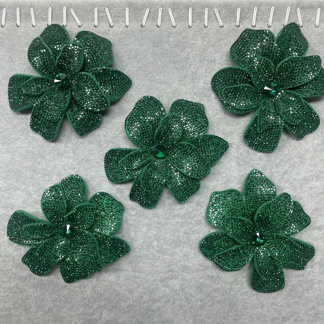 Green rhinestone beaded flower appliqué for dresses, bags, hats and DIY clothing by Lotilace