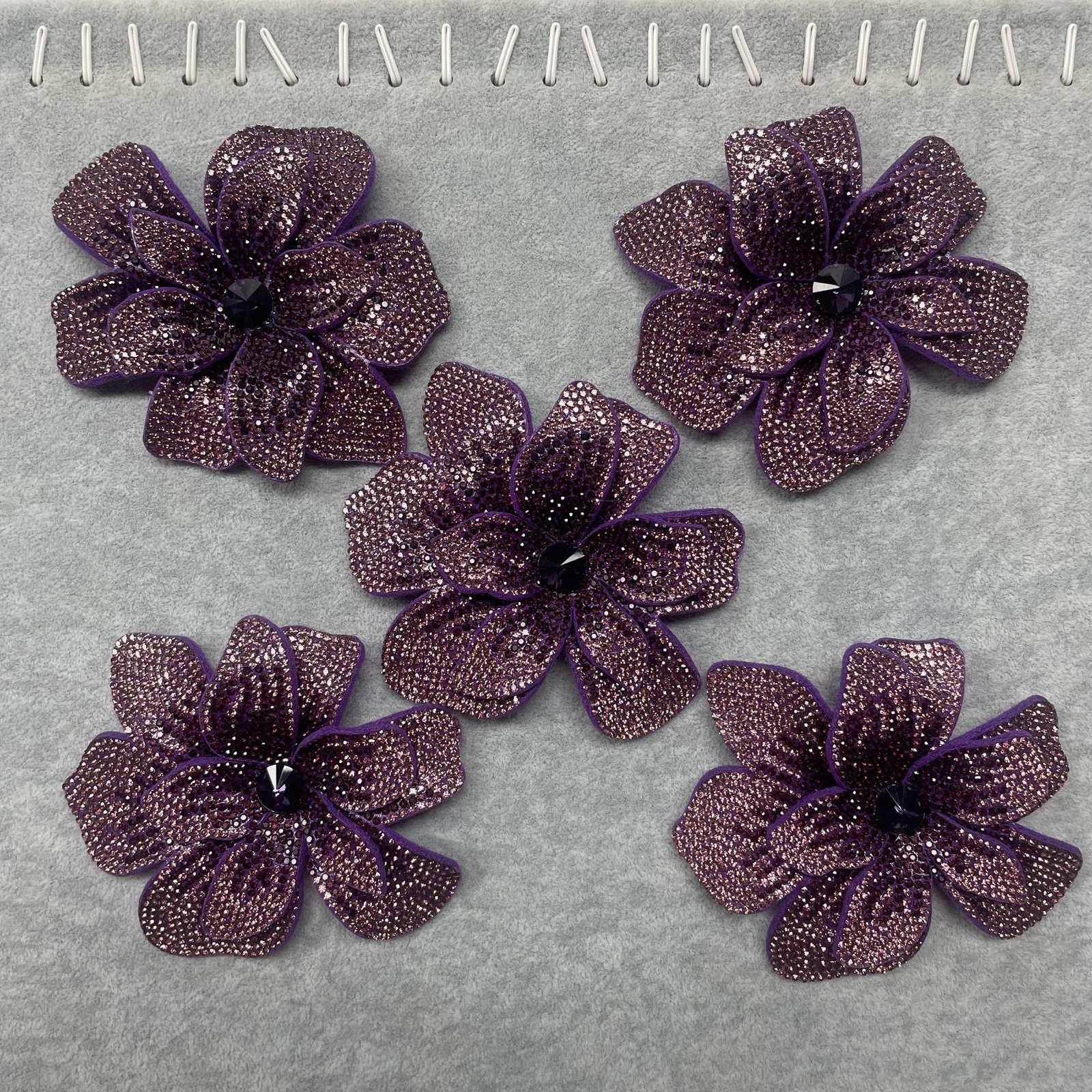 Purple rhinestone beaded flower appliqué for garments, accessories, dancewear and couture fashion