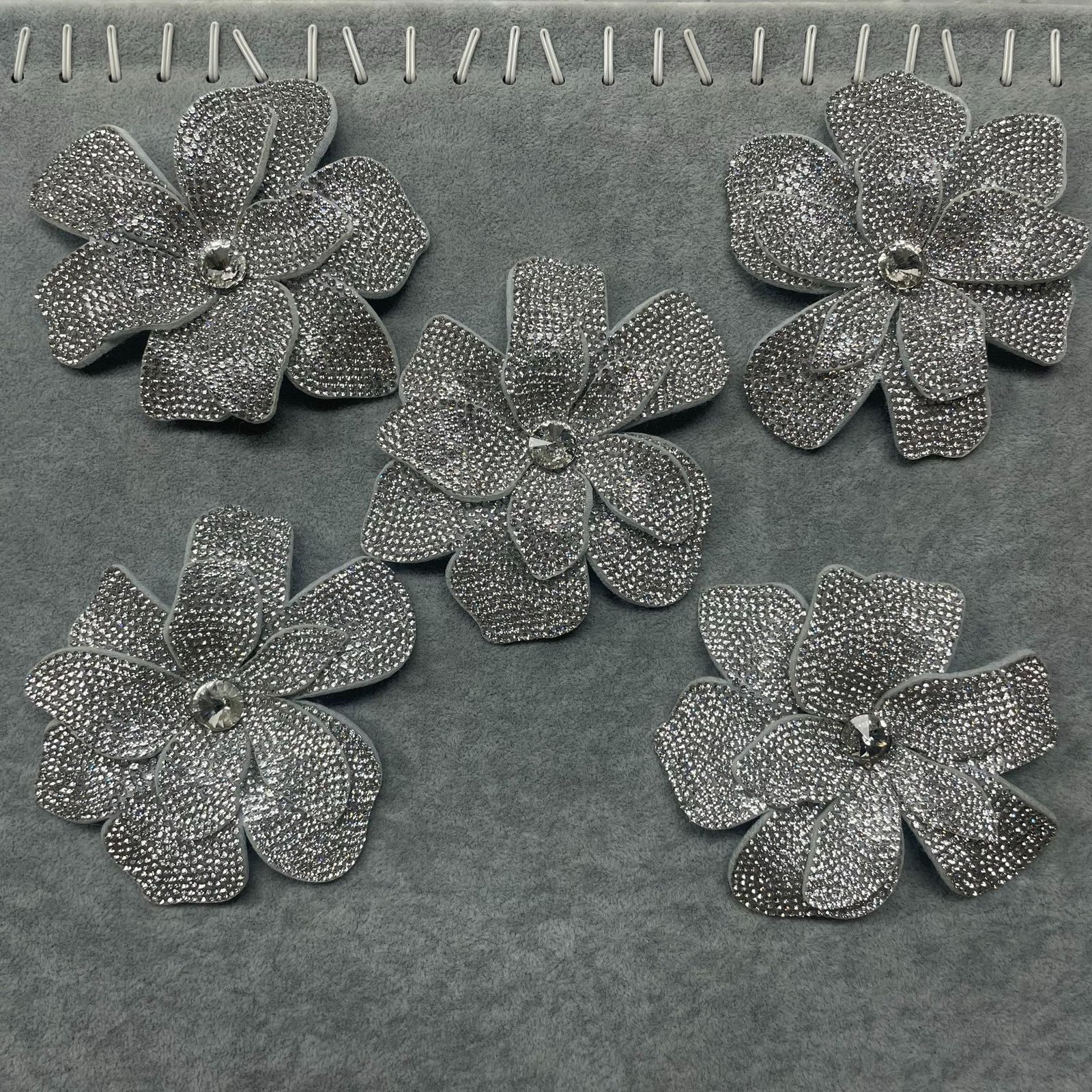 Silver handmade beaded rhinestone flower appliqué for garment embellishment and fashion design