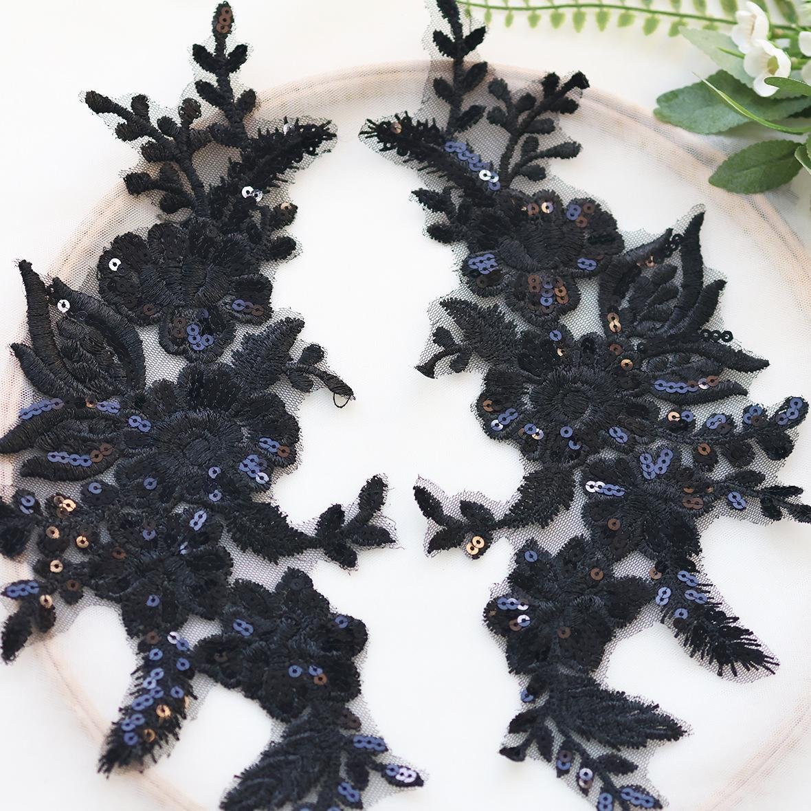 Black sequin embroidered floral appliqué pair with rich texture and contrast detail