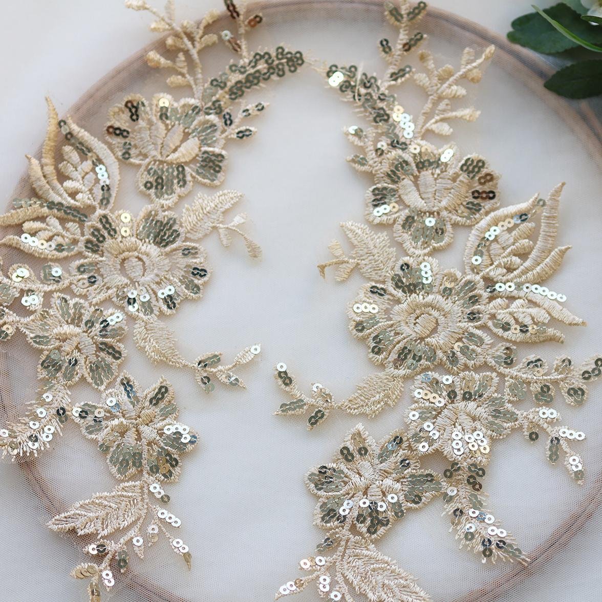 Champagne sequin embroidered floral appliqué pair with subtle bead and leaf elements