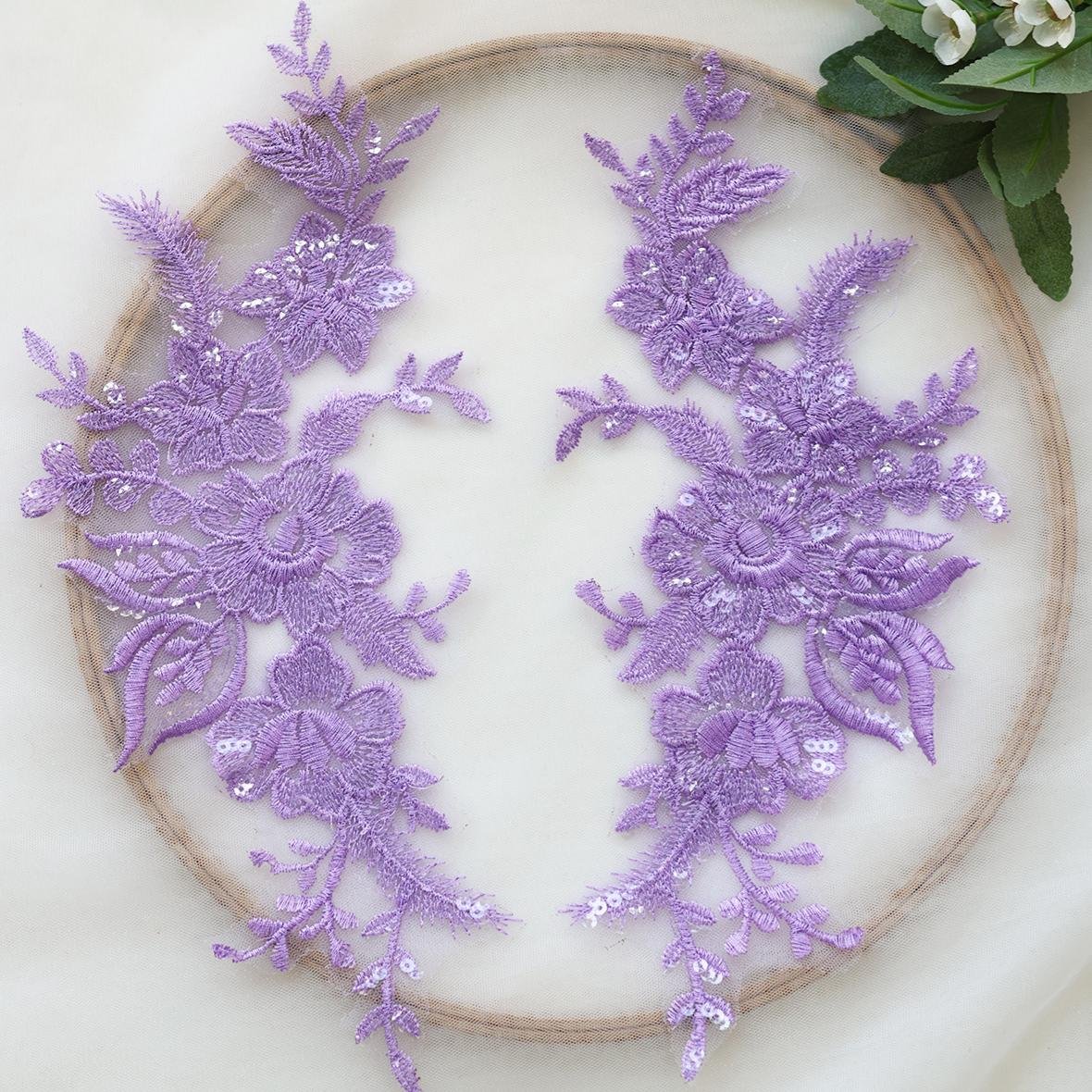 Lavender sequin floral lace appliqué pair featuring symmetrical embroidery design