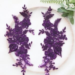 Purple sequin floral appliqué pair with raised embroidery and decorative sparkle