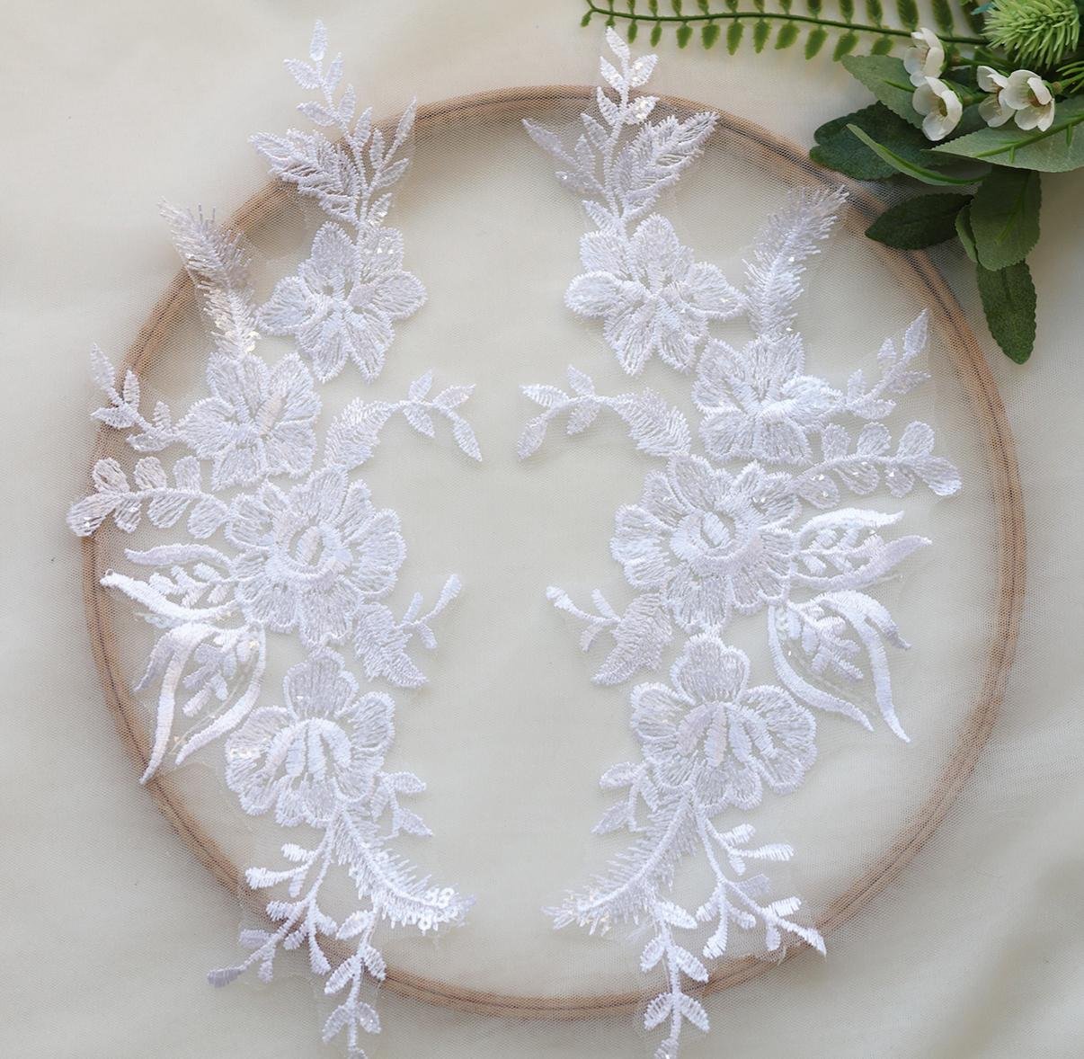 White sequin floral embroidery appliqué pair with delicate vine and leaf details